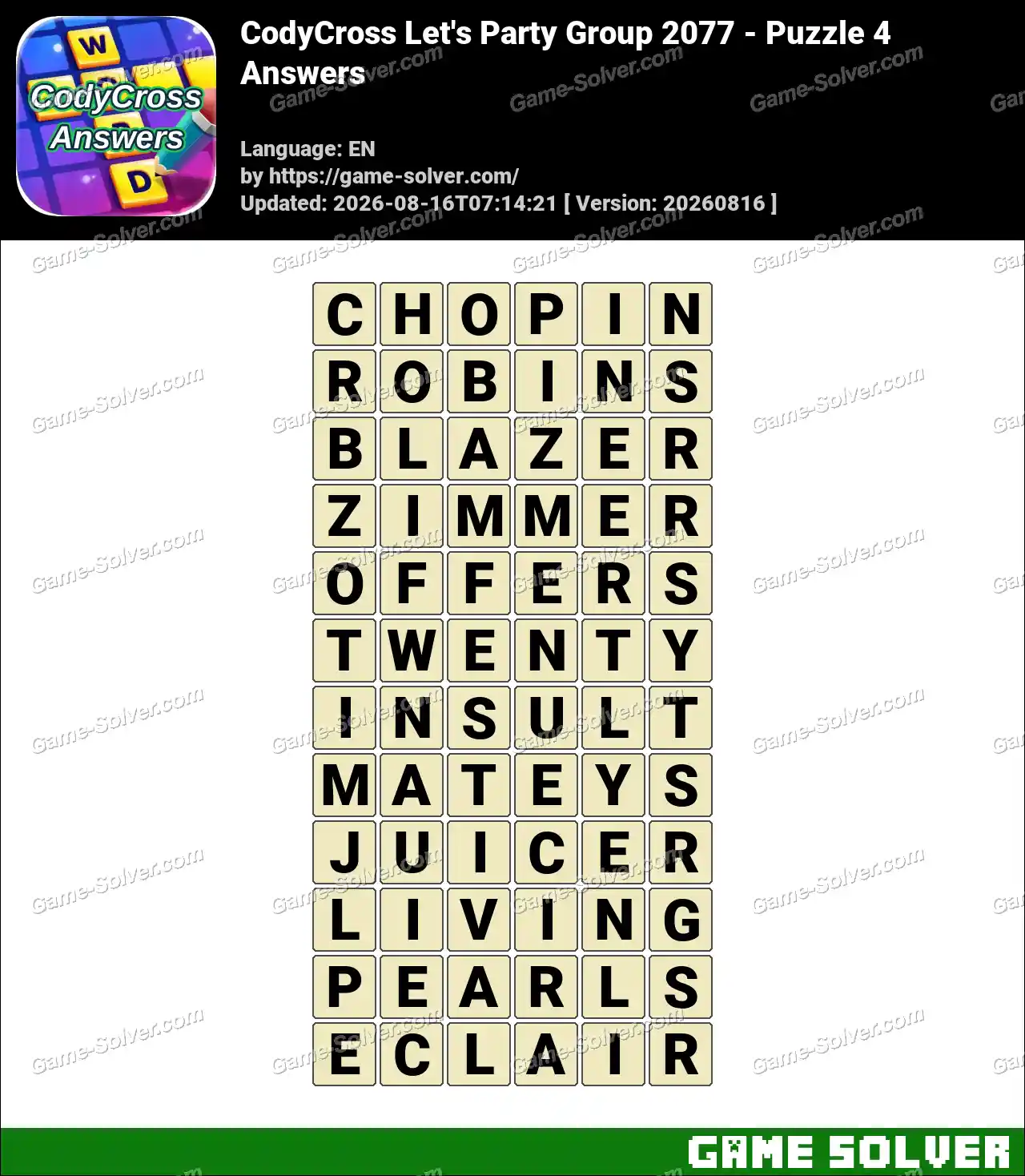 CodyCross Let’s Party Group 2077 – Puzzle 4 Answers